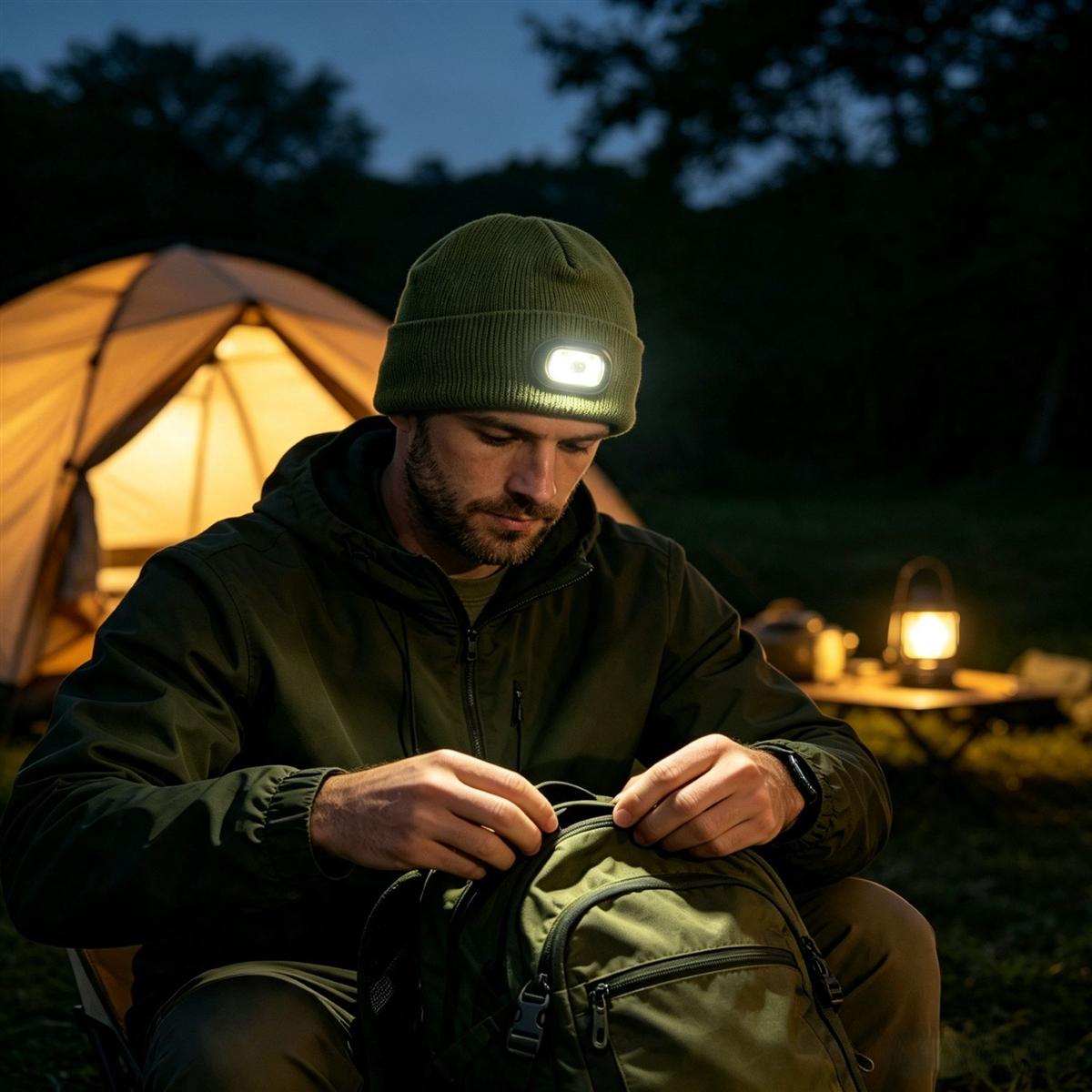 Green LED light hat beanie used for camping hands-free lighting