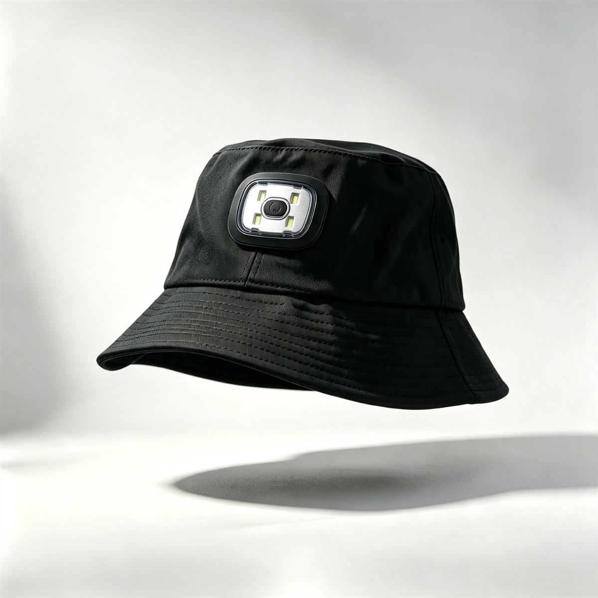 Black LED light hat bucket style with built-in headlight