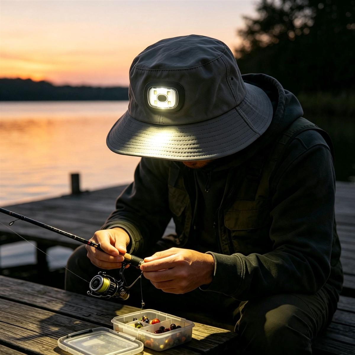 Grey LED light hat bucket style for fishing at sunset