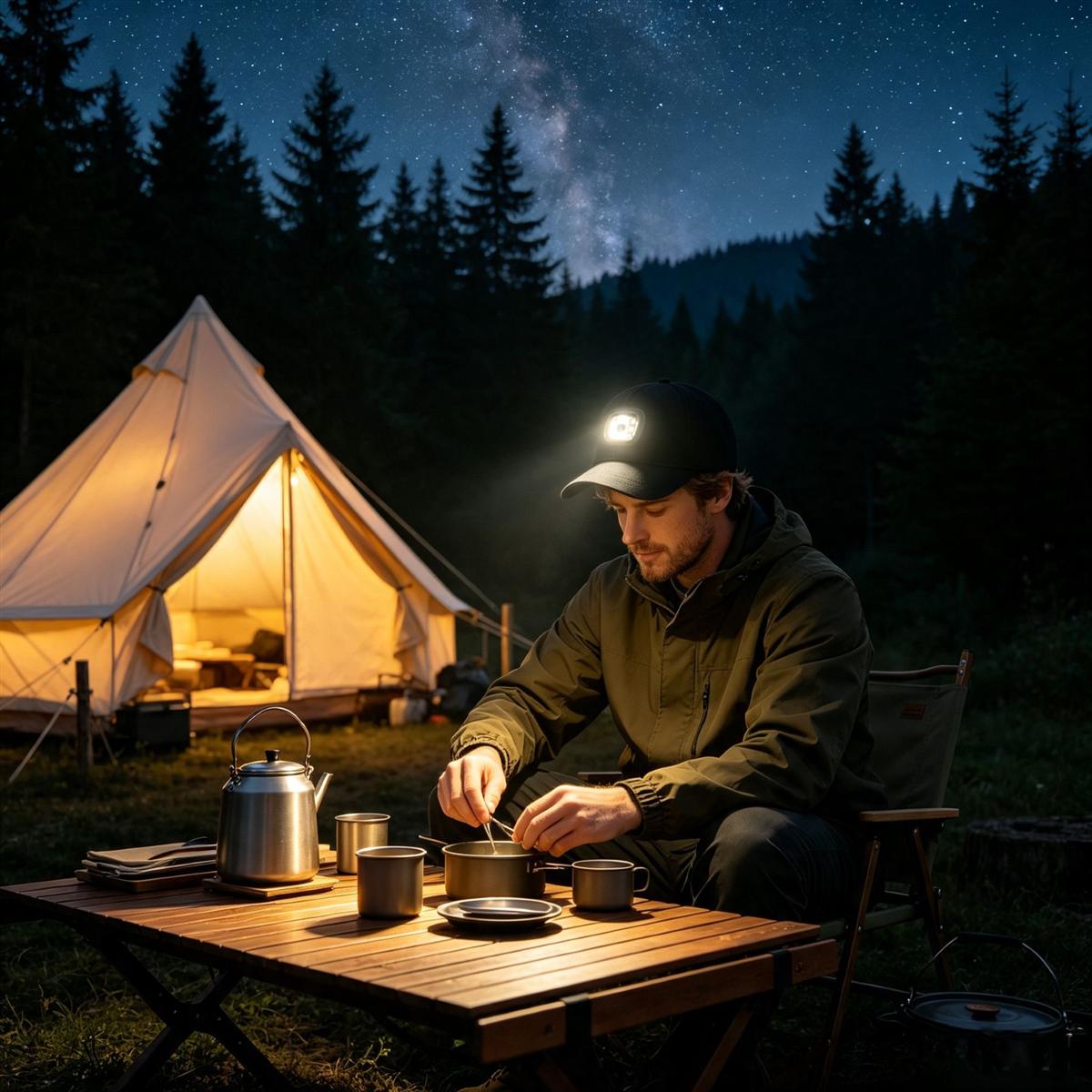 Camping scene with LED hat hands-free lighting