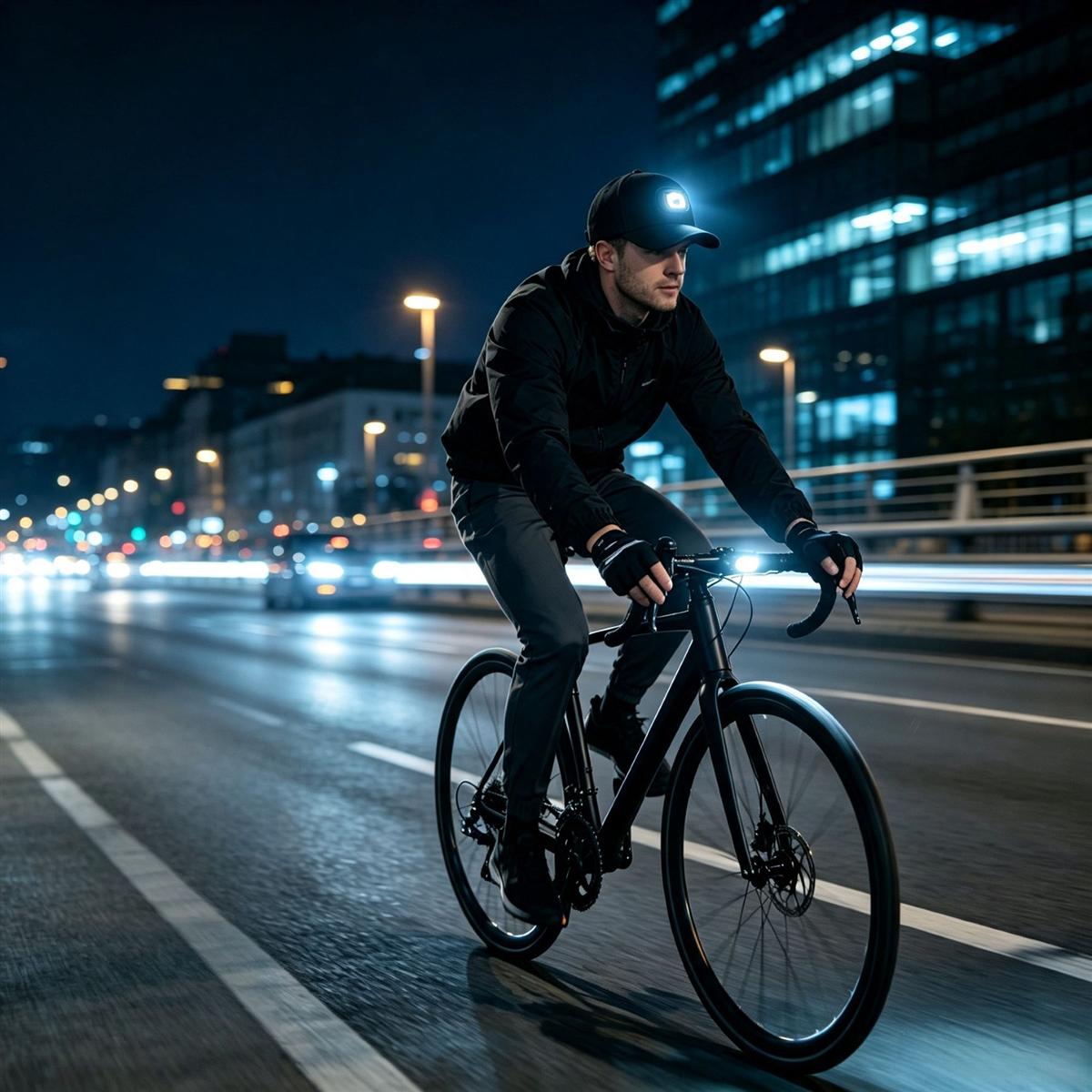 Cycling scene with LED hat light on a city road