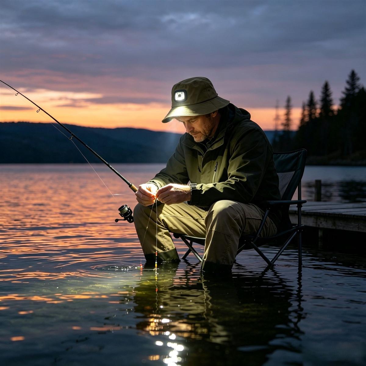 Fishing scene with LED hat light near a lake