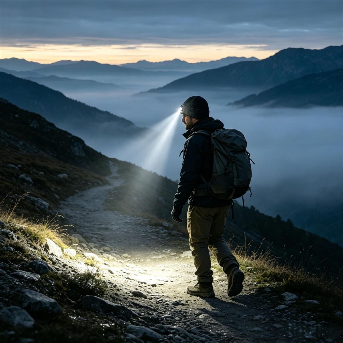 Hiking scene with LED beanie headlight on a mountain trail