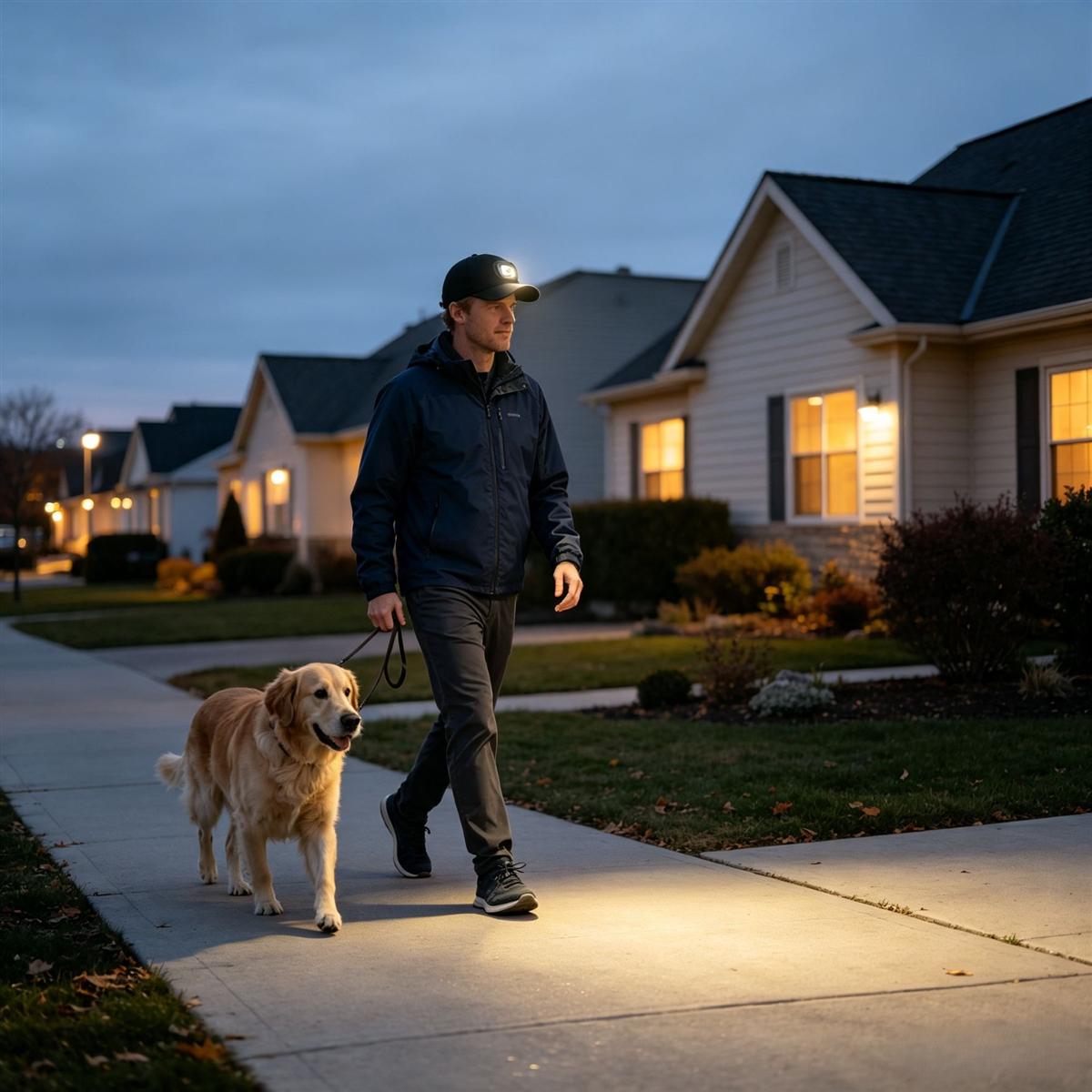 Walking scene with LED hat light in a neighborhood